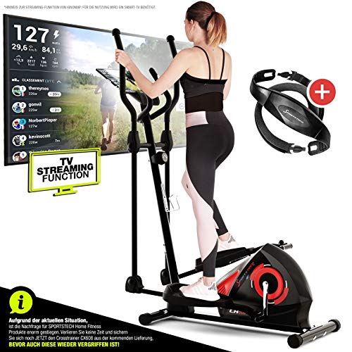 Sportstech CX608 Bicicleta Elíptica - Marca de Calidad Alemana - Video Eventos y App multijugador - Consola compatible con Bluetooth, Pulsómetro incluido, Soporte para Tablet, crosstrainer eliptica (CX608_DE)