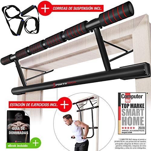 Sportstech KS500 Barra de dominadas, Estación de Ejercicios Plegable 4 en 1 con Barra de Ejercicios y Correas de entrenamineto en suspensión. Se Ajusta al Marco de Puerta sin Tornillos, Incluye EBook