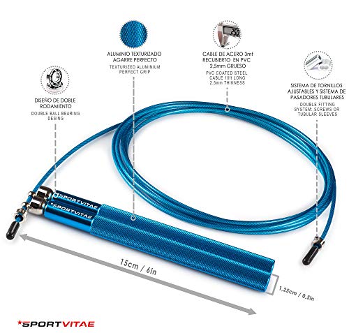 Sportvitae Comba ALUPRO de Alta Velocidad | Speed Jump Rope |Empuñaduras de Aluminio Muy Ligeras y Cómodas | Cable de Acero 2,5 mm | Cuerda Ideal para Crossfit, Boxeo, MMA, Fitness | Hombre y Mujer