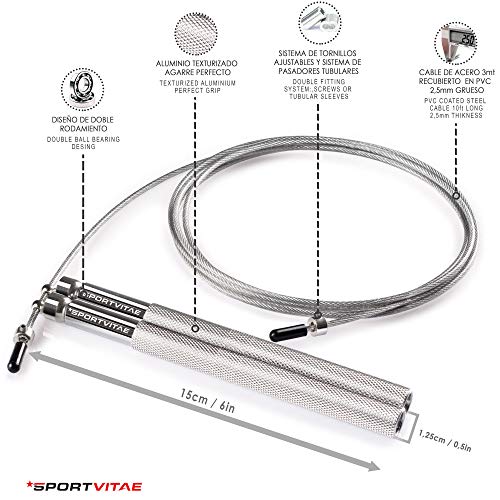 Sportvitae Comba ALUPRO de Alta Velocidad | Speed Jump Rope |Empuñaduras de Aluminio Muy Ligeras y Cómodas | Cable de Acero 2,5 mm | Cuerda Ideal para Crossfit, Boxeo, MMA, Fitness | Hombre y Mujer