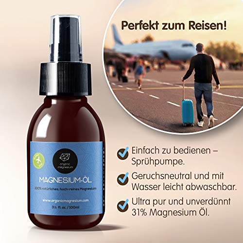 Spray de aceite de Magnesio ultra puro de Organic Magnesium, aceite de Zechstein puro 100% natural, perfecto para deportes y masajes, botellas de 1000 ml + 100 ml