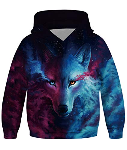 Spreadhoodie Sudadera con Capucha para Niños Niñas Adolescente 3D Lobo Impresa Otoño Invierno Manga Larga Suéter Deporte Capucha 8-11 Años