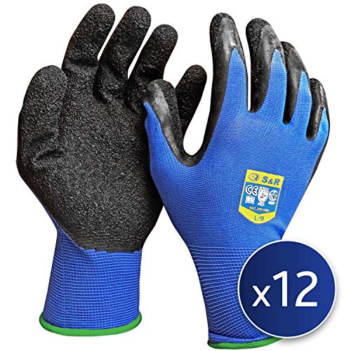 S&R 12 Guantes de Trabajo de Nylon y Latex – 12 pares - Talla L / 9