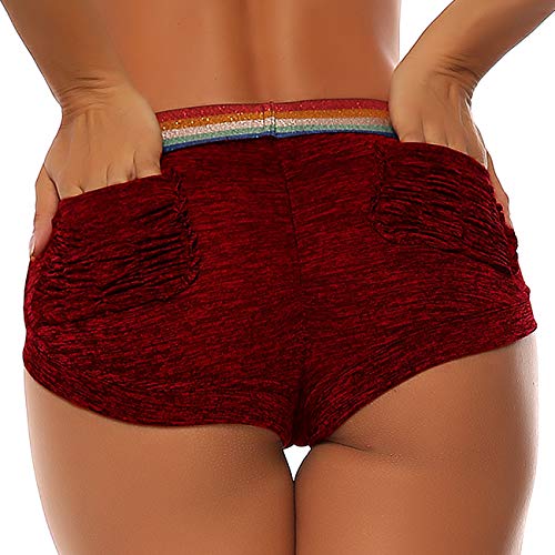 STARBILD Shorts Pantalones Cortos Deportivos Cintura Alta Elástica para Push UP Control de Barriga para Mujer Yoga Diario Correr Fitness Rojo M