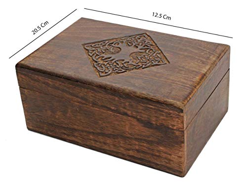 Store Indya Regalo de rakhi para hermana - Joyería de madera de estilo rústico, caja de abalorios / organizador de almacenamiento de recuerdos con diseño celta tallado a mano [8x5] [marrón]