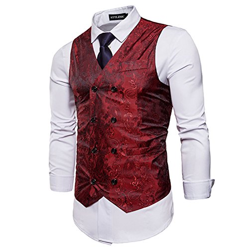 STTLZMC Hombre Paisley Chaleco Sin Mangas Retro Trajes Banquete Ceremonia,Rojo,M