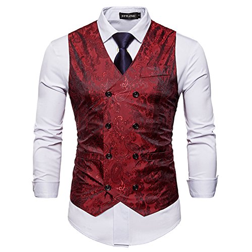 STTLZMC Hombre Paisley Chaleco Sin Mangas Retro Trajes Banquete Ceremonia,Rojo,M