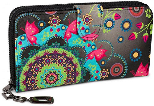 styleBREAKER Monedero con Motivo de Flores étnicas y floración, diseño Vintage, Cremallera, Mujeres 02040040, Color:Negro-Gris-Rosa-Verde-Turquesa