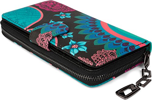 styleBREAKER Monedero con Motivo de Flores étnicas y floración, diseño Vintage, Cremallera, Mujeres 02040040, Color:Negro-Turquesa-Azul