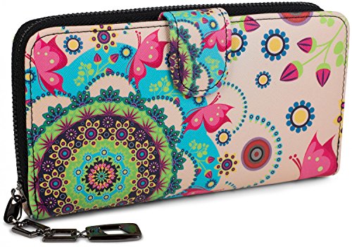 styleBREAKER Monedero con Motivo de Flores étnicas y floración, diseño Vintage, Cremallera, Mujeres 02040040, Color:Rosa-Verde-Turquesa-Fucsia