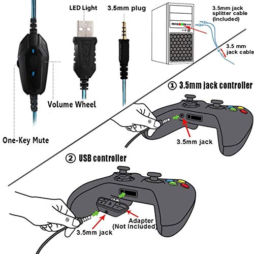 Stynice Cascos Gaming con Microfono Compatible con PS4 / PC/Xbox One/Laptop/Mac/Mobile - Auriculares para estéreo Juegos con Cable Jack de 3.5 mm y luz LED (Azul)