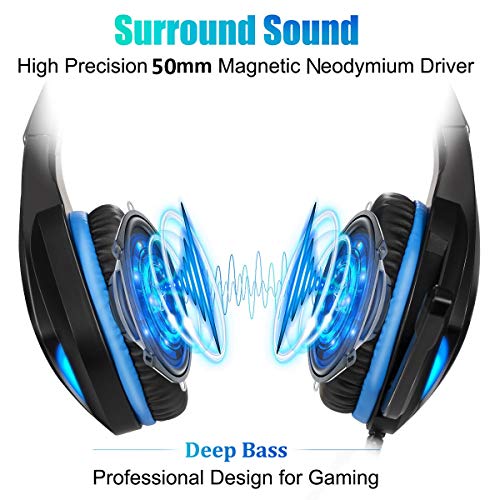 Stynice Cascos Gaming con Microfono Compatible con PS4 / PC/Xbox One/Laptop/Mac/Mobile - Auriculares para estéreo Juegos con Cable Jack de 3.5 mm y luz LED (Azul)