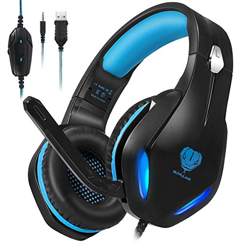 Stynice Cascos Gaming con Microfono Compatible con PS4 / PC/Xbox One/Laptop/Mac/Mobile - Auriculares para estéreo Juegos con Cable Jack de 3.5 mm y luz LED (Azul)