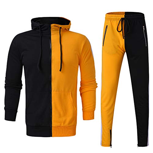 Subfamily Conjunto de Pantalones de Suéter con Cremallera y Paneles de Manga Larga con Bolsillo para Hombres, Patchwork Cremallera Sudadera Top Pantalones Conjuntos Traje Deportivo Chándal Naranja L