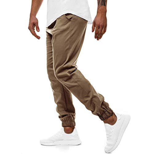 Subfamily Pantalones Casuales Deportivos de Color Sólido con Bolsillo con Cordón para Hombres, Casual Fitness Bodybuilding Pocket Skin Pantalones Deportivos de Cuerpo Entero Caqui XXL