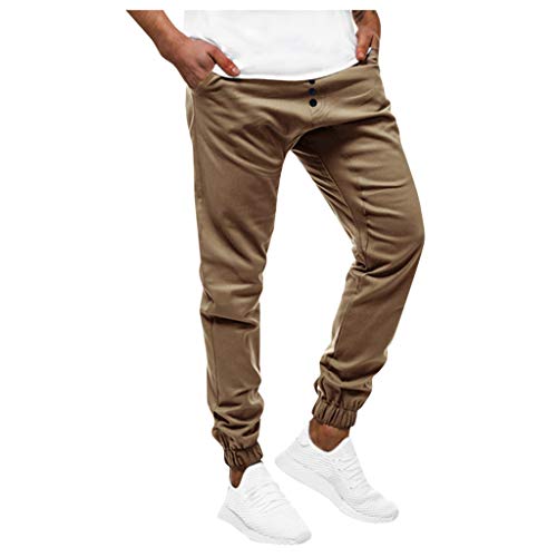 Subfamily Pantalones Casuales Deportivos de Color Sólido con Bolsillo con Cordón para Hombres, Casual Fitness Bodybuilding Pocket Skin Pantalones Deportivos de Cuerpo Entero Caqui XXL