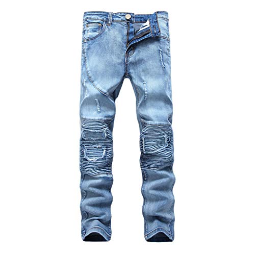 Subfamily Vaqueros Elásticos de Ajuste Individual Hole para Hombres, Pantalones de Mezclilla Elásticos de Corte Slim con Cremallera de Personalidad Moda Jeans Azul Claro 32