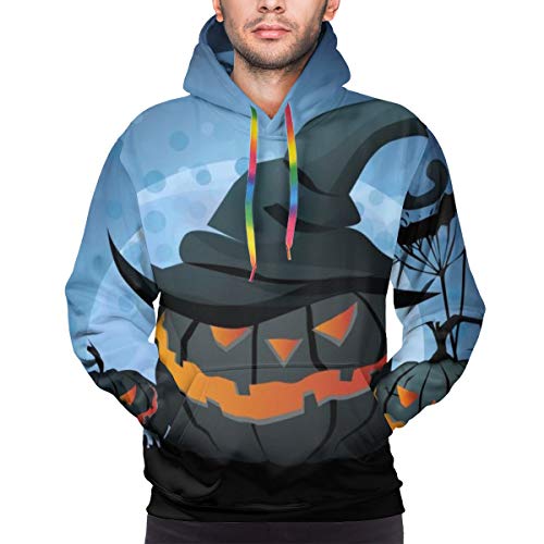 Sudadera con Capucha para Hombre Angry Jack O Lanterns On Full Moon Vector Illustration. Spooky Pumpkin In Witchs Cap, L Sudadera