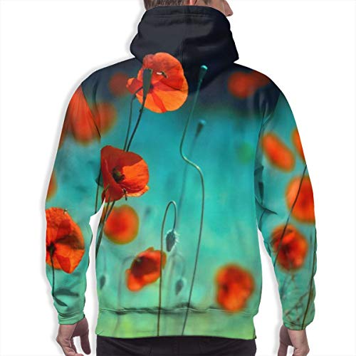 Sudadera con Capucha para Hombre Blooming Red Poppies In A Field In Spring In Nature sobre un Fondo Turquesa, Sudadera XXL