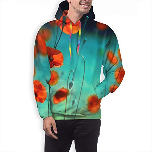 Sudadera con Capucha para Hombre Blooming Red Poppies In A Field In Spring In Nature sobre un Fondo Turquesa, Sudadera XXL