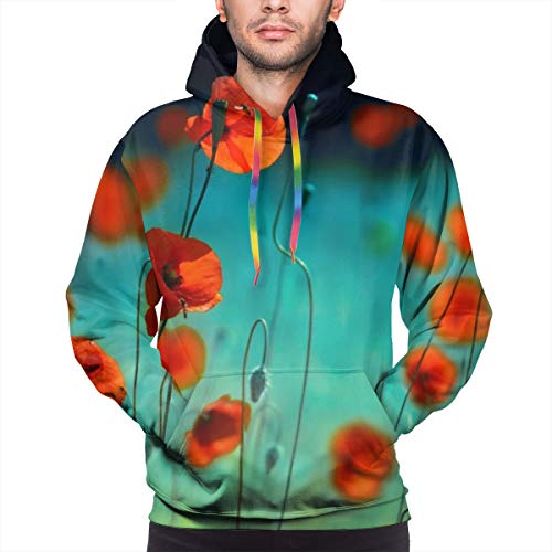 Sudadera con Capucha para Hombre Blooming Red Poppies In A Field In Spring In Nature sobre un Fondo Turquesa, Sudadera XXL