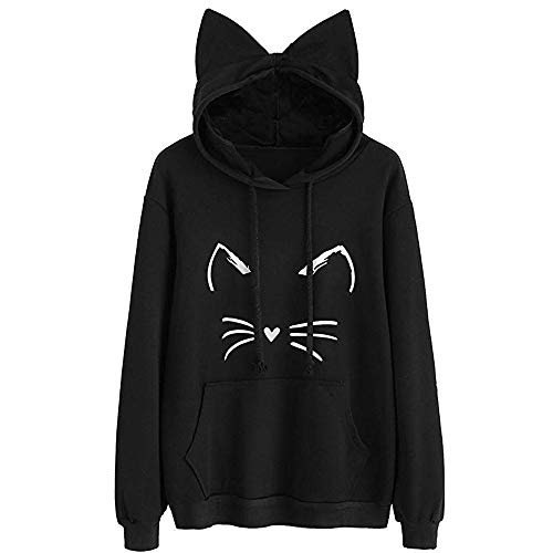 Sudaderas para Mujer,RETUROMMujer Sudadera Tumblr Larga con Capucha Gato Oreja 1'M A Cat Sudaderas para Adolescentes Chicas Camiseta de Manga Larga Blusa Camisa Pullovers (M, Negro)