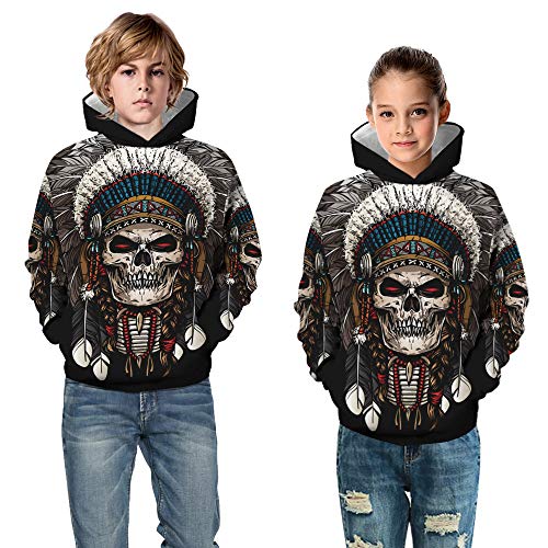 Suéter para Niños De Estilo Indio 3D, Calavera Y Cabeza De Toro Sudadera con Capucha para Niños con Estampado Digital, Camiseta Holgada Informal De Manga Larga