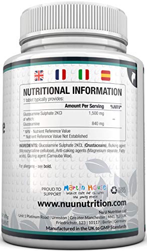 Sulfato de Glucosamina 1.500 mg 2KCl, 365 comprimidos (Suministro Para 1 Año) | Alta Potencia | Fabricado en el Reino Unido por Nu U Nutrition.