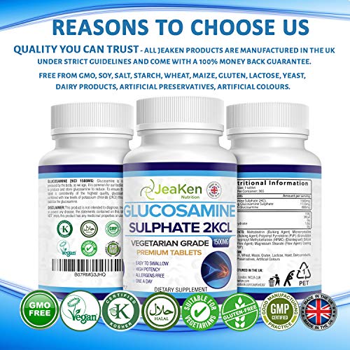 SULFATO DE GLUCOSAMINA 2KCl 1500 mg Por JeaKen - Suplementos para Articulaciones | Glucosamina de Alta Resistencia | Grado Vegetarianos y Veganos | 365 Tabletas (Suministro Para 1 Año) Sin Alérgeno