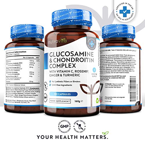 Sulfato de glucosamina y condroitina –180 cápsulas de elevada eficacia–contribuye al mantenimiento del sistema inmunitario–con vitamina C, cúrcuma, jengibre y rosa mosqueta–producido por Nutravita