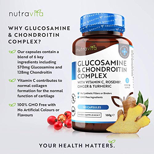 Sulfato de glucosamina y condroitina –180 cápsulas de elevada eficacia–contribuye al mantenimiento del sistema inmunitario–con vitamina C, cúrcuma, jengibre y rosa mosqueta–producido por Nutravita
