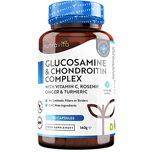 Sulfato de glucosamina y condroitina –180 cápsulas de elevada eficacia–contribuye al mantenimiento del sistema inmunitario–con vitamina C, cúrcuma, jengibre y rosa mosqueta–producido por Nutravita