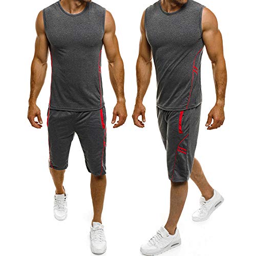 Summer Fitness Sportswear Fitness Sweat-Absorbent Quick-Drying Men's Sports Running Clothes Gym Clothing Suit Sleeveless Vest Shorts 2pcs Jogging Sportswear