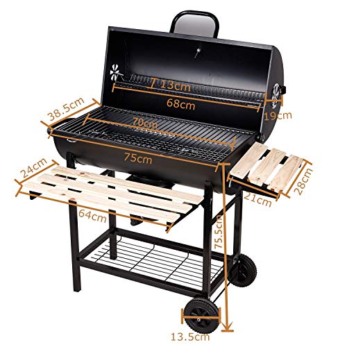 SunJas Barbacoas de Carbón Parrilla con Ruedas para Jardín Exterior BBQ con Soportes Facil Movimiento, con 2 Estantes de Madera Plegable para Almacenar Comidas, 101×70.5×94.5CM