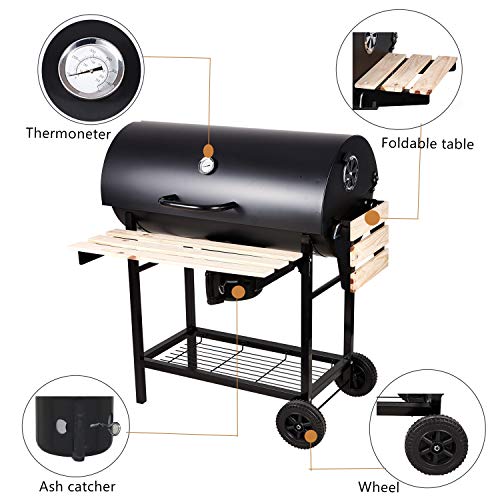 SunJas Barbacoas de Carbón Parrilla con Ruedas para Jardín Exterior BBQ con Soportes Facil Movimiento, con 2 Estantes de Madera Plegable para Almacenar Comidas, 101×70.5×94.5CM