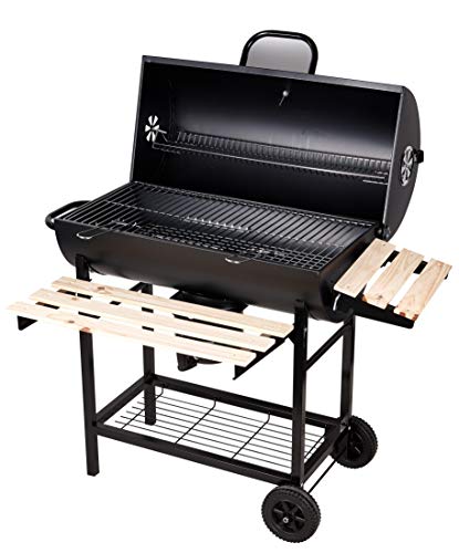 SunJas Barbacoas de Carbón Parrilla con Ruedas para Jardín Exterior BBQ con Soportes Facil Movimiento, con 2 Estantes de Madera Plegable para Almacenar Comidas, 101×70.5×94.5CM