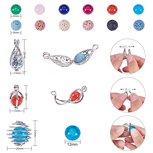 SUNNYCLUE Perle Creuse Cage Pendentif Collier Boucles d'Oreilles Faire Des Kits - 9pcs Aromathérapie Huile Essentielle Diffuseur Pendentif & 9pcs Pierre de Lave Perles & 24pcs Chakra Guérison Perles