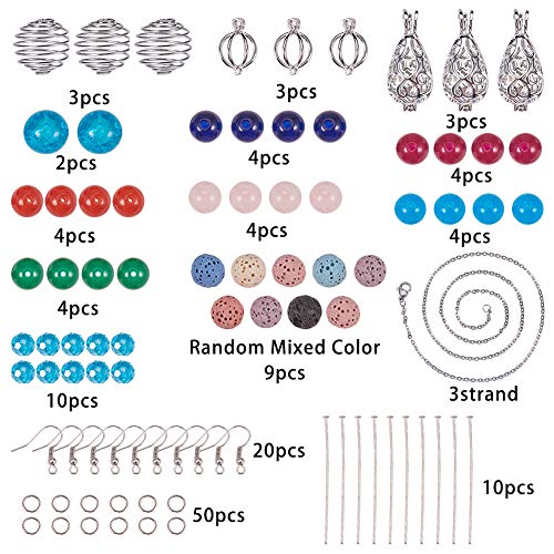 SUNNYCLUE Perle Creuse Cage Pendentif Collier Boucles d'Oreilles Faire Des Kits - 9pcs Aromathérapie Huile Essentielle Diffuseur Pendentif & 9pcs Pierre de Lave Perles & 24pcs Chakra Guérison Perles