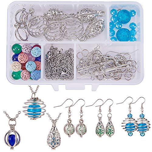 SUNNYCLUE Perle Creuse Cage Pendentif Collier Boucles d'Oreilles Faire Des Kits - 9pcs Aromathérapie Huile Essentielle Diffuseur Pendentif & 9pcs Pierre de Lave Perles & 24pcs Chakra Guérison Perles