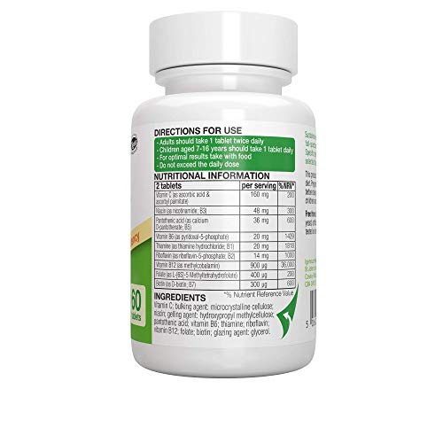 Super B-Complex - Complejo vitamínico B de alta concentración, con las 8 vitaminas B esenciales, metiladas y en forma bioactiva, incluso B6 & B12, además de vitamina C, vegan, 60 comprimidos