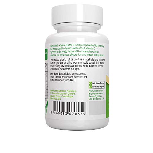 Super B-Complex - Complejo vitamínico B de alta concentración, con las 8 vitaminas B esenciales, metiladas y en forma bioactiva, incluso B6 & B12, además de vitamina C, vegan, 60 comprimidos