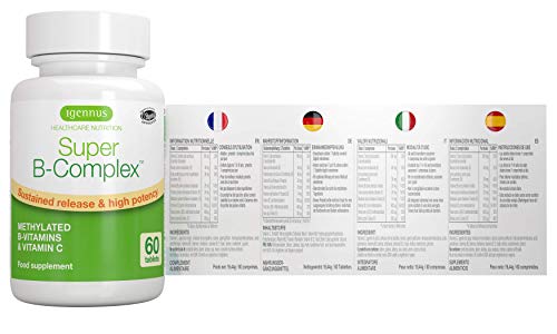 Super B-Complex - Complejo vitamínico B de alta concentración, con las 8 vitaminas B esenciales, metiladas y en forma bioactiva, incluso B6 & B12, además de vitamina C, vegan, 60 comprimidos