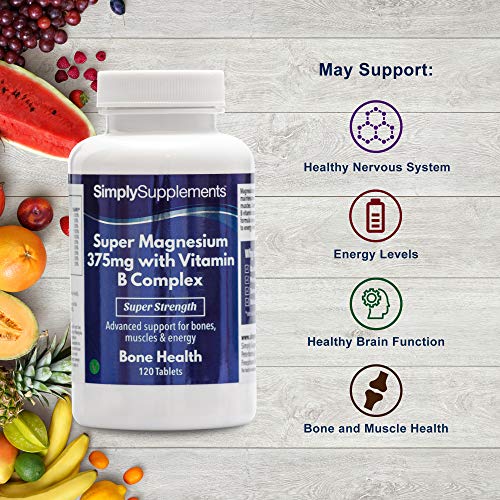 Super Magnesio 375 mg con complejo de vitamina B - 120 Comprimidos - Apto para veganos - 4 meses de suministro - SimplySupplements