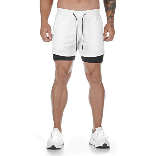 Superora Pantalones Cortos Hombre Deporte Chándal Deportivos Compresión Interna con Bolsillo Incorporado y Bolsillo Transpiración de Secado Rápido Blanco