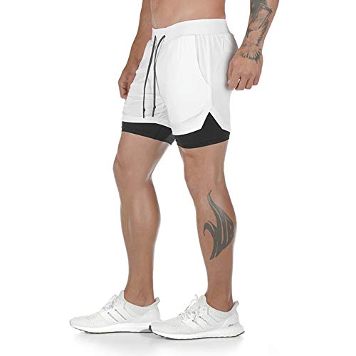 Superora Pantalones Cortos Hombre Deporte Chándal Deportivos Compresión Interna con Bolsillo Incorporado y Bolsillo Transpiración de Secado Rápido Blanco