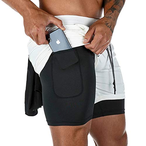 Superora Pantalones Cortos Hombre Deporte Chándal Deportivos Compresión Interna con Bolsillo Incorporado y Bolsillo Transpiración de Secado Rápido Blanco