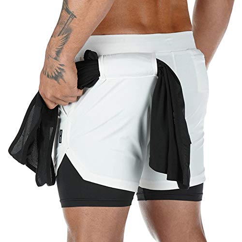 Superora Pantalones Cortos Hombre Deporte Chándal Deportivos Compresión Interna con Bolsillo Incorporado y Bolsillo Transpiración de Secado Rápido Blanco