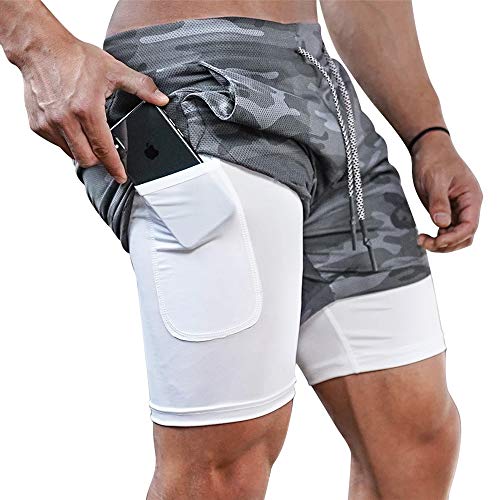 Superora Pantalones Cortos Hombre Deporte Chándal Deportivos Compresión Interna con Bolsillo Incorporado y Bolsillo Transpiración de Secado Rápido Camuflaje Gris