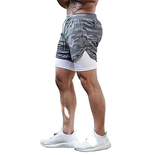 Superora Pantalones Cortos Hombre Deporte Chándal Deportivos Compresión Interna con Bolsillo Incorporado y Bolsillo Transpiración de Secado Rápido Camuflaje Gris