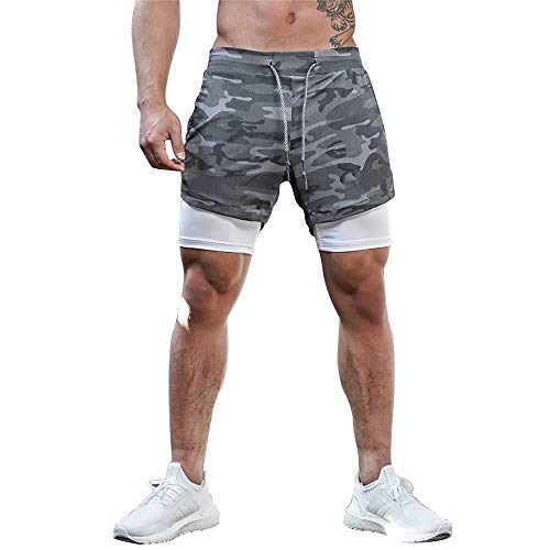 Superora Pantalones Cortos Hombre Deporte Chándal Deportivos Compresión Interna con Bolsillo Incorporado y Bolsillo Transpiración de Secado Rápido Camuflaje Gris